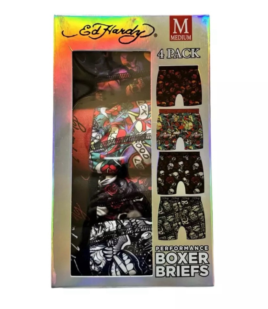 ED HARDY Mens 4 Pack Stretch Comfort Performance Boxer Briefs Underwear