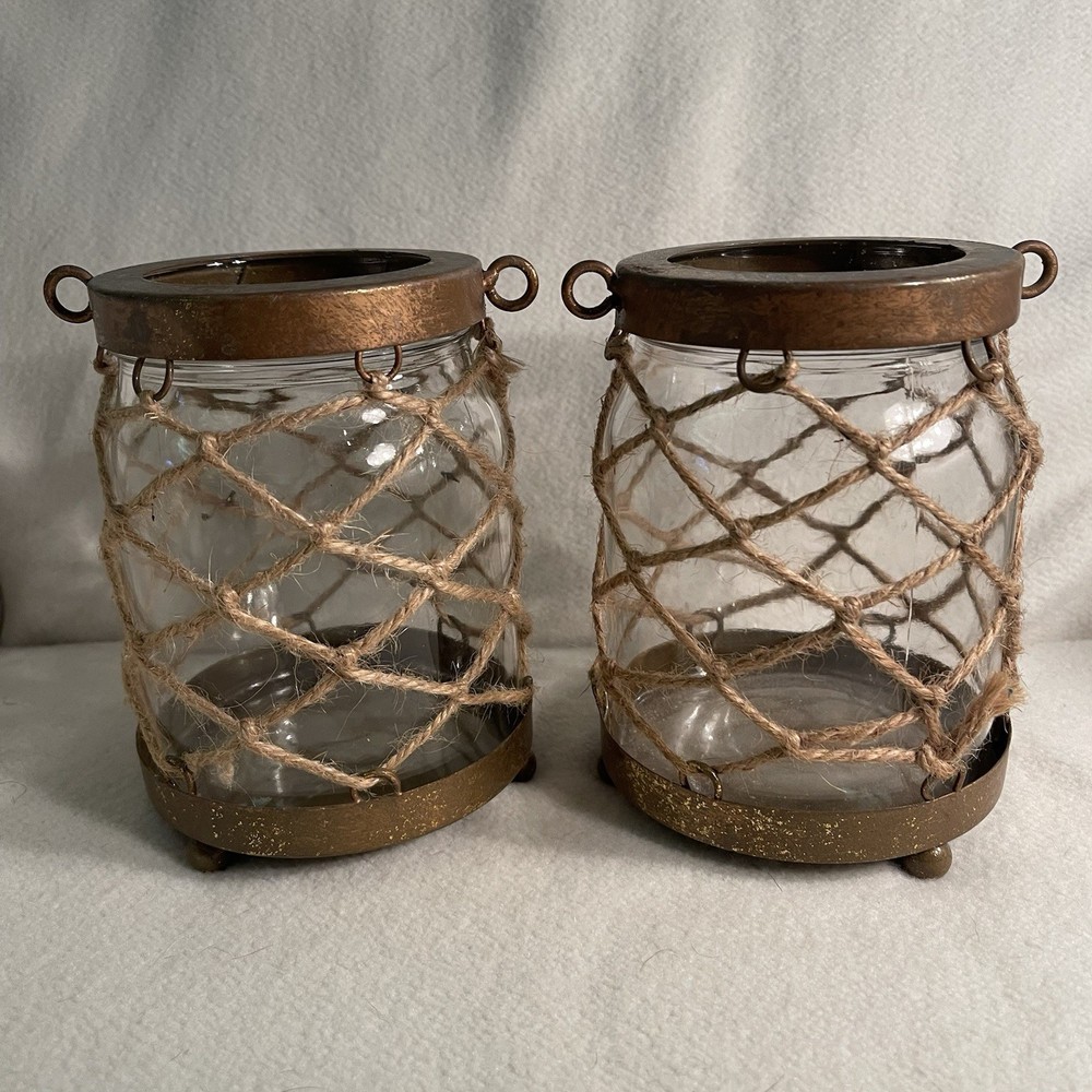 Beach theme clear glass vase lantern with burlap mesh and rustic gold metal set of 2