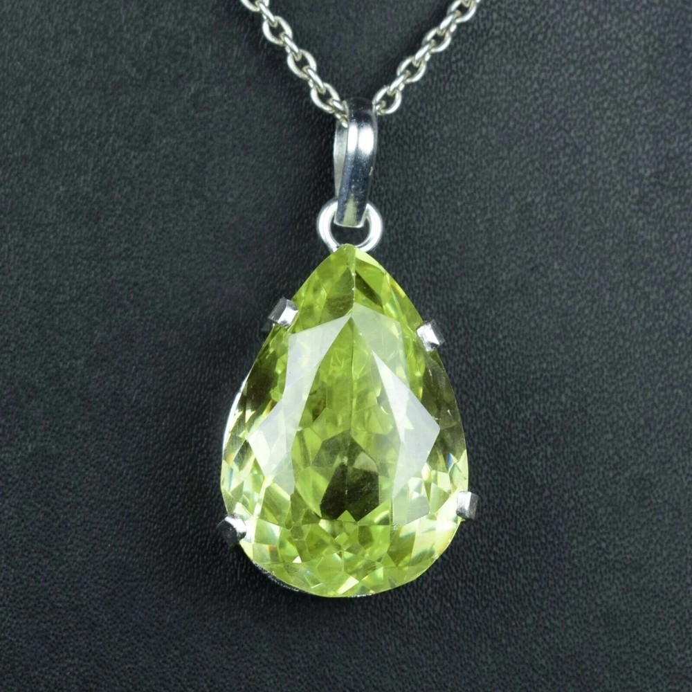 87 Ct Natural Green Zircon Pendant Sterling Silver Pear Cut Gemstone Jewelry