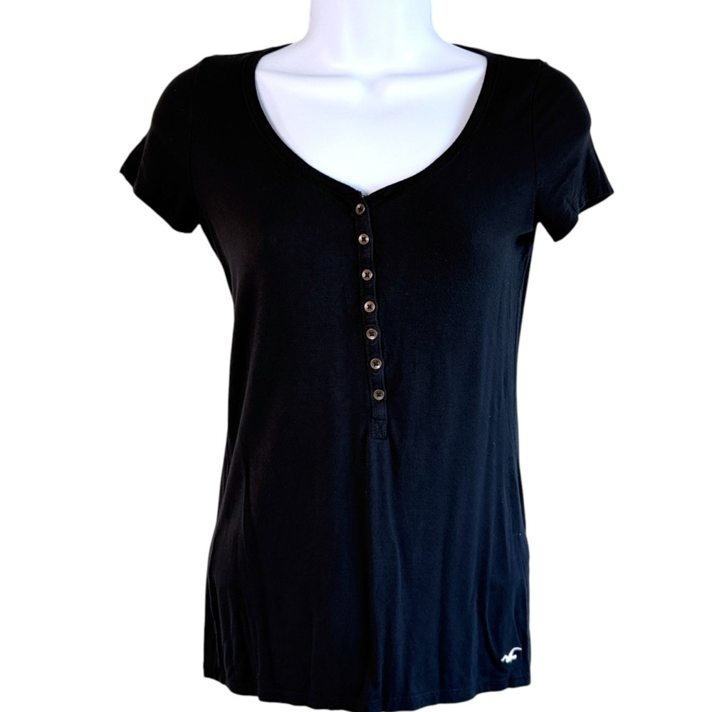 Hollister Womens Y2K Short Sleeve Henley Top Black Size S Bella Elena