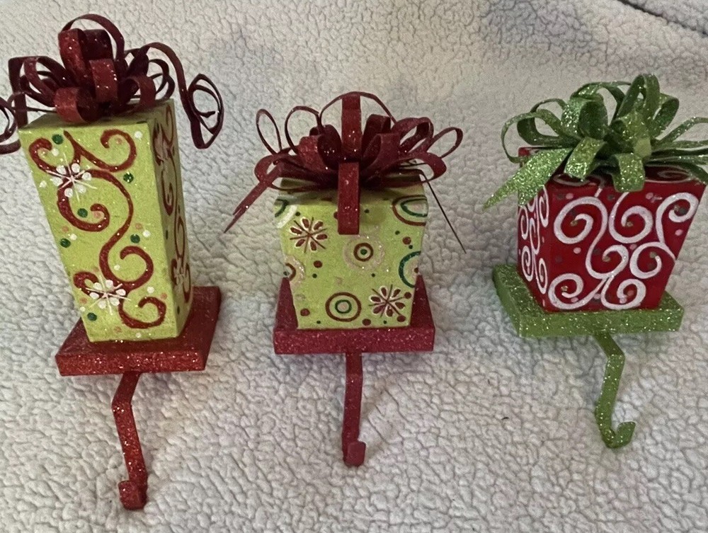 3 Green And Red Metal & Glitter Christmas Present Box/Ribbon-Stocking Holder