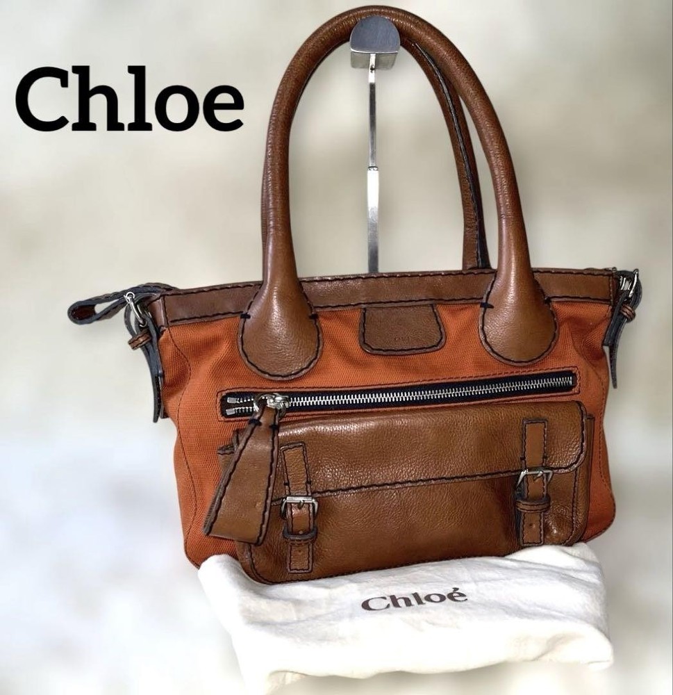 CHLOE Genuine Leather Tote Bag Hand Bag Burgundy and Brown Double handle Women