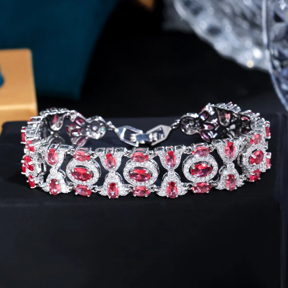 19Ct Oval Cut Lab Created Red Ruby Womens Tennis Bracelet 14K  White Gold Plated