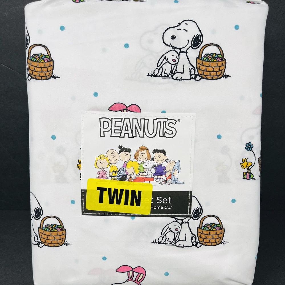 Snoopy Woodstock Easter Twin Sheet Set with Bunny Basket Eggs Spring Flowers