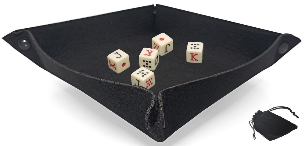 Dice Rolling Tray Folding Black Felt Mat + Spanish Poker Dice Ivory Tone + Pouch