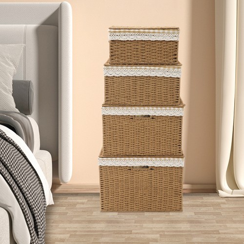 Rope Woven Storage Baskets with Lid, Handles & Rustic Design - Set of 4