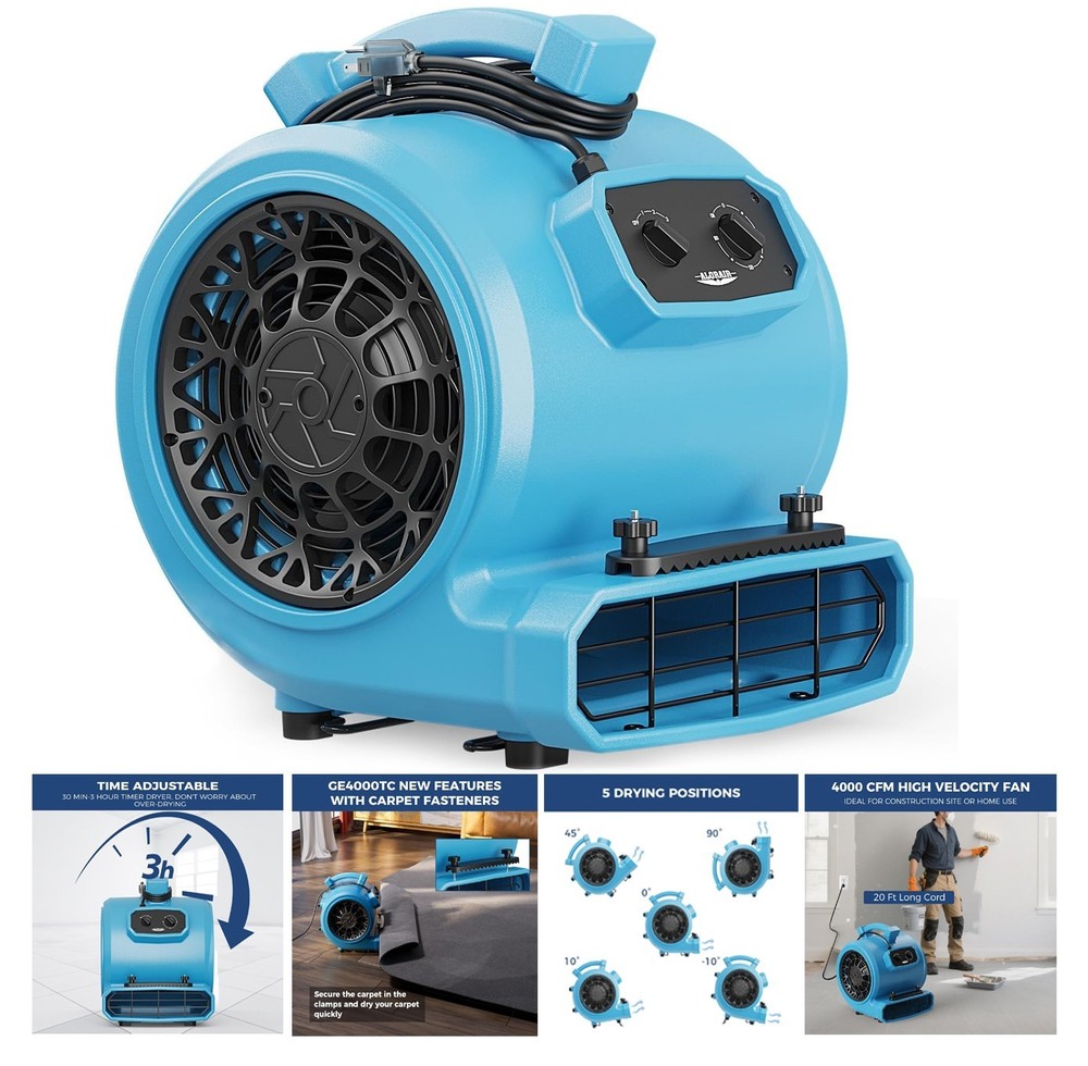 ALORAIR GE4000TC 4000 CFM 1 HP Air Mover Carpet Dryer Blower Floor Fan - Blue
