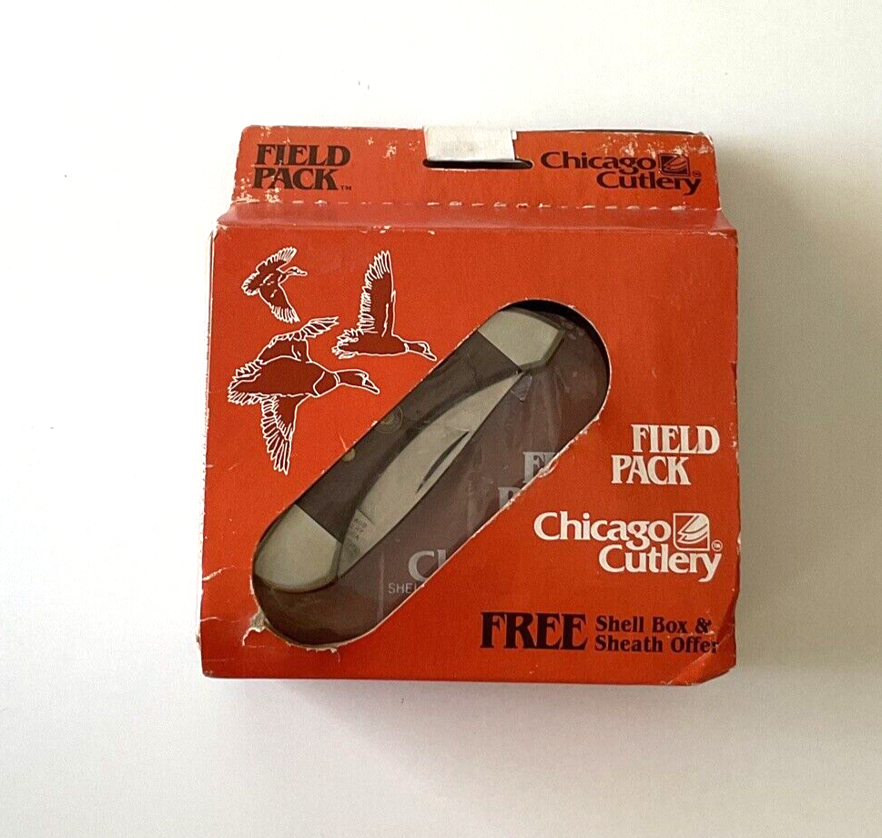 Chicago Cutlery 1985 Field Pack Lock-Back Knife with Leather Sheath and Shell Box Made in USA