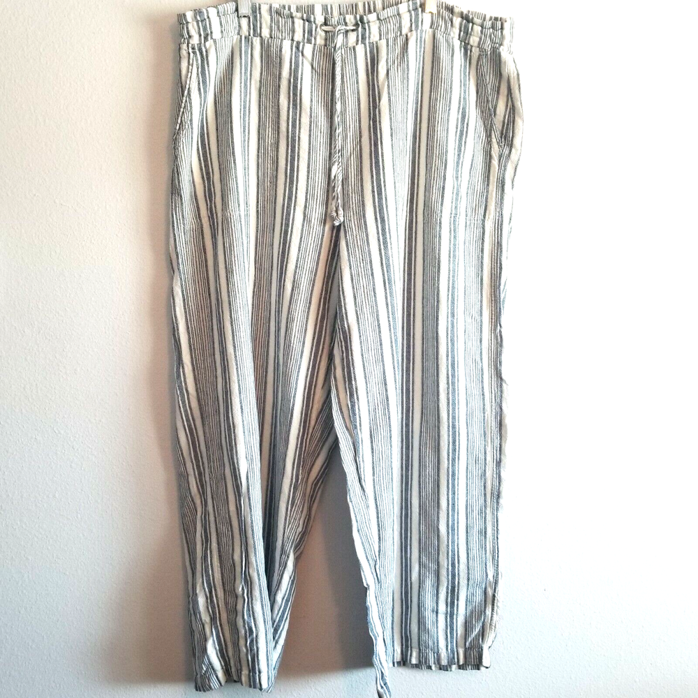 Wide Leg Linen/Rayon Cropped Pant Beachy Flowy Pockets Elastic Waist Blue Beige