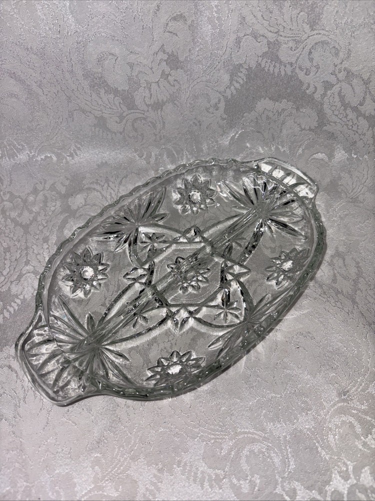 Vintage Anchor Hocking Clear Glass Divided Relish Dish Star of David Prescut