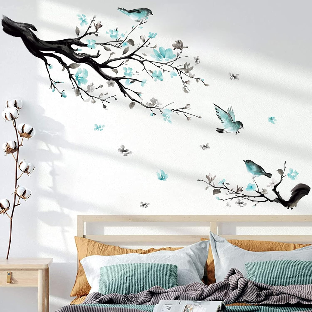 Watercolor Blue Flower Wall Decals Blossom Bird Tree Branch Wall Stickers Living