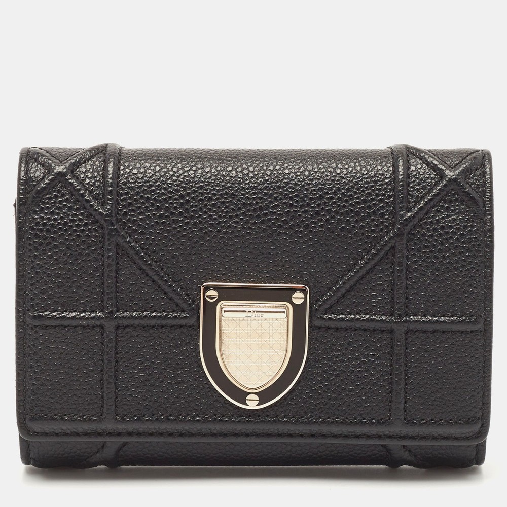 Dior Black Leather Diorama Trifold Wallet with Card Slots