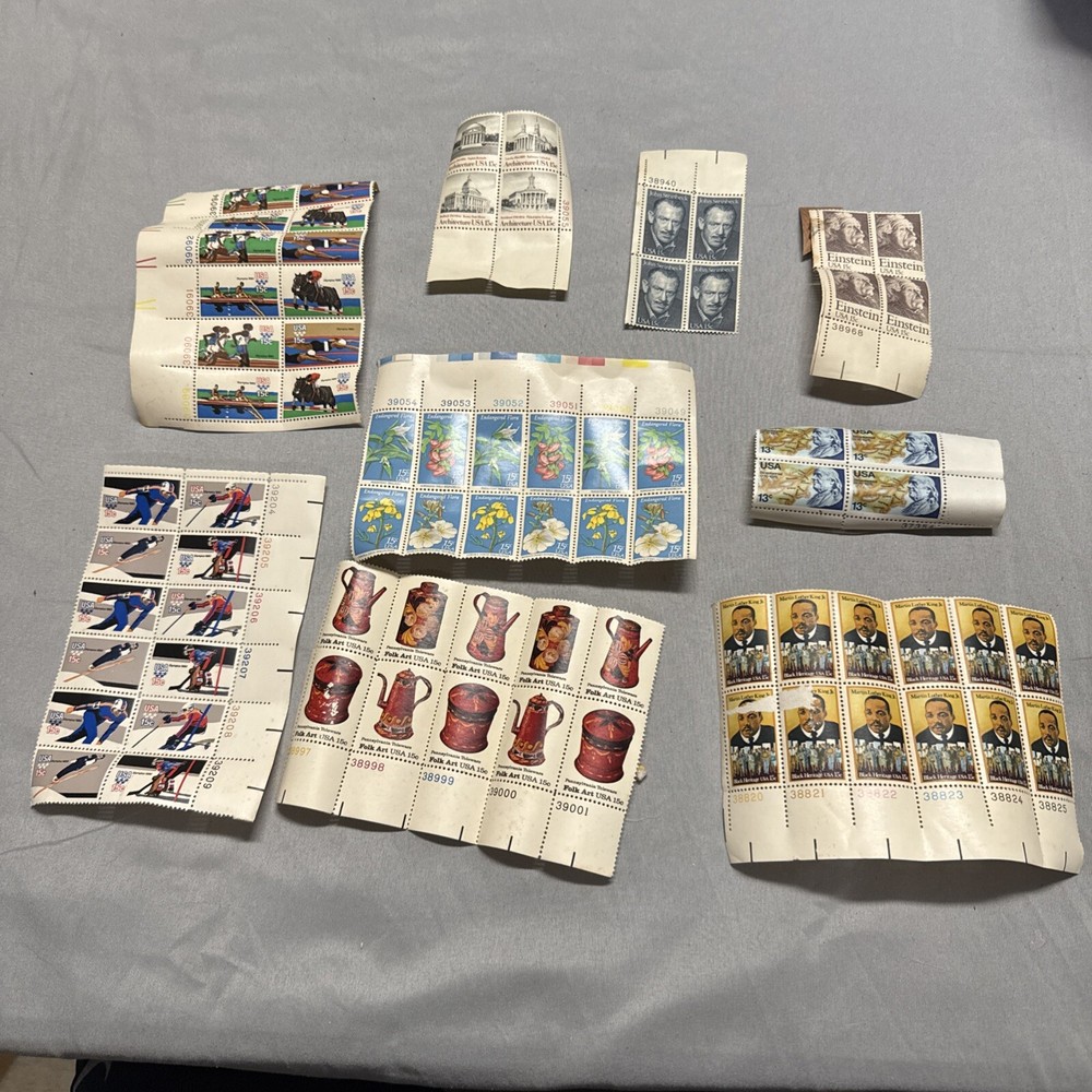 15 Cent Stamp Lot 9 Varieties 1970's Olympic, Mlk Jr, Folk Art