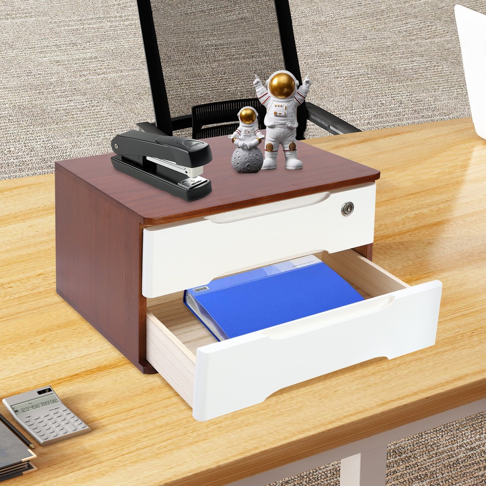 2-Tier Tung Wood Desktop Storage Box with Lockable Drawers Home Office Modern