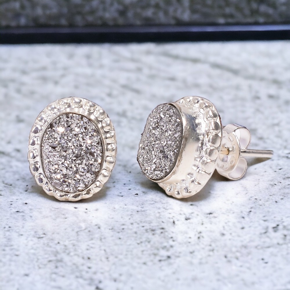 Gift For Her Natural Titanium Druzy Stud Minimalist Earrings 925 Silver