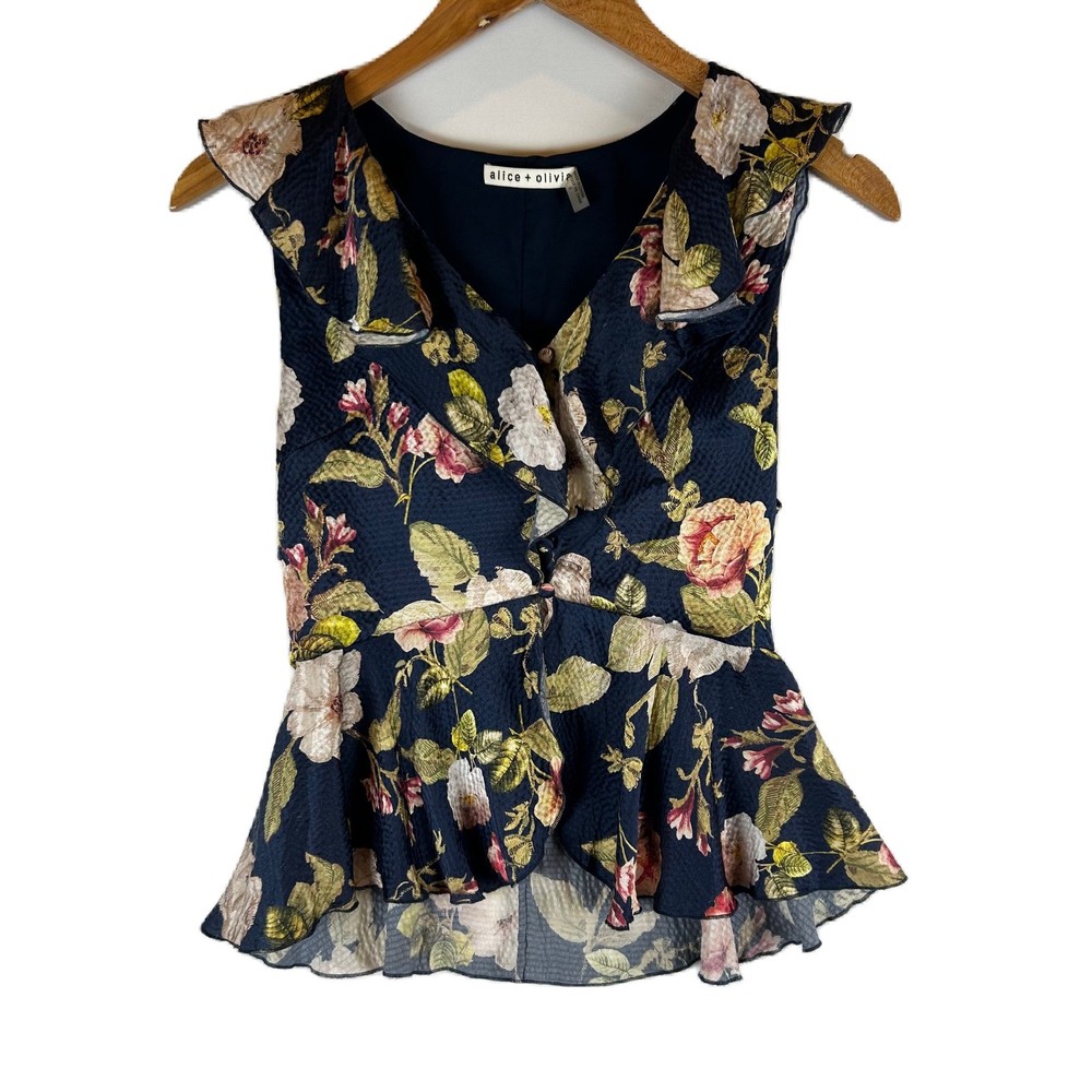 Alice + Olivia Floral Print Silk Blend Ruffle Peplum Top Womens Size 0