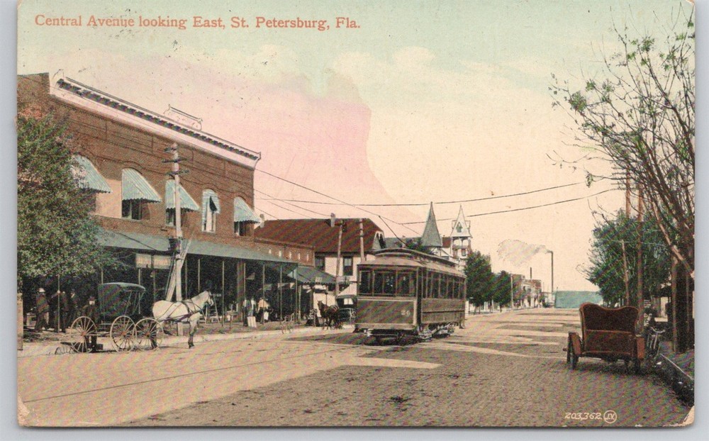 St Petersburg Central Ave Trolley Horse Buggy Stores C1910s Postcard AJ17
