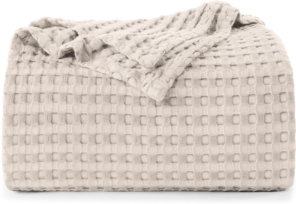 Soft Khaki 100% Cotton Waffle Blanket 300 GSM Full Size 90x84 Inch Lightweight
