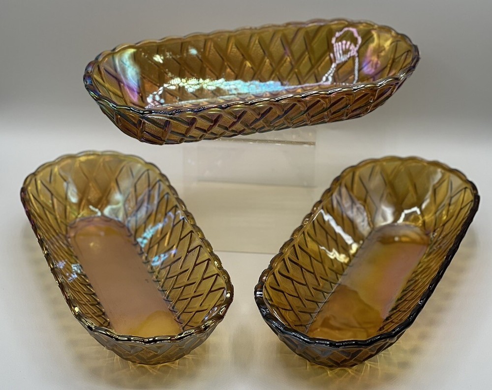 3 Vintage 1960's Mid Century PRETZEL AMBER Gold Oval Relish Dish INDIANA GLASS