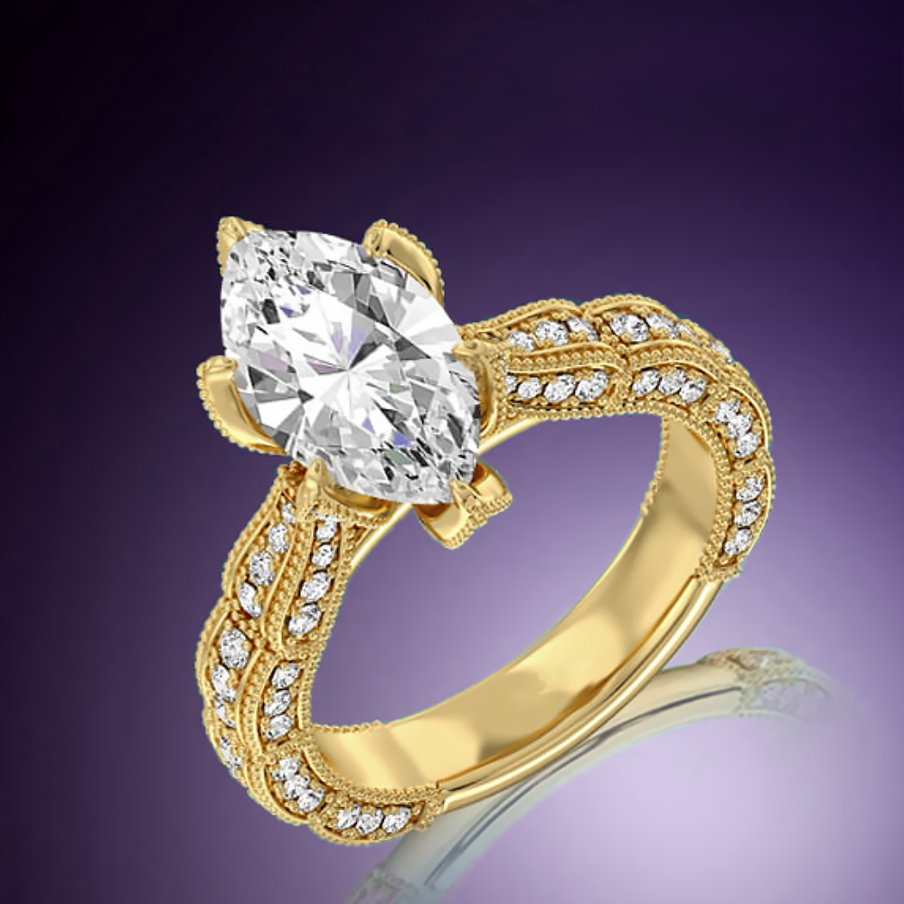 Diamond Ring Engagement Marquise Cut 2 Carat IGI GIA Lab Created 14K Yellow Gold