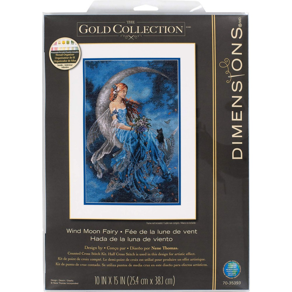 Wind Moon Fairy Gold Collection Counted Cross Stitch Kit - 16 Count Grey Aida Fabric - Premium Embroidery Kit for Enchanting Fairy-Themed Art Projects