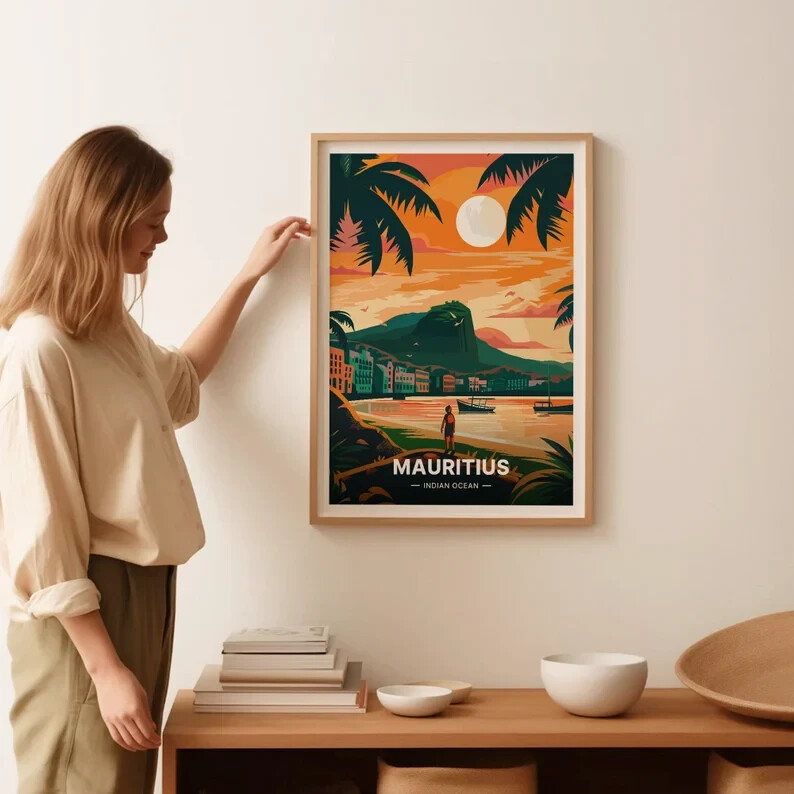 Mauritius Evening Travel Poster Indian Ocean Wall Art Decor