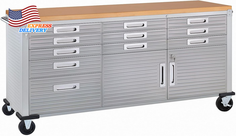 Heavy Duty 11-Drawer Rolling Garage Workbench with Solid Wood Top