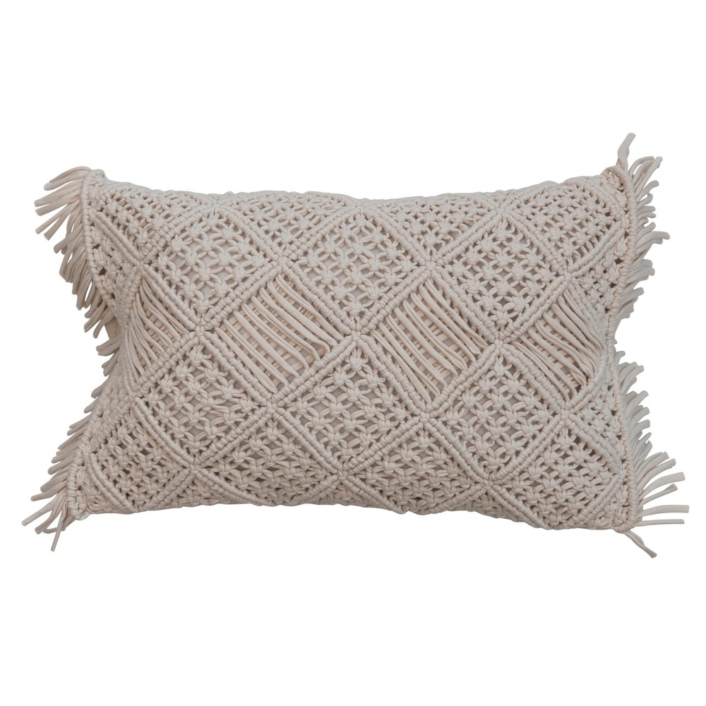 Boho Handwoven Cotton Macramé Lumbar Pillow with Ivory Fringe
