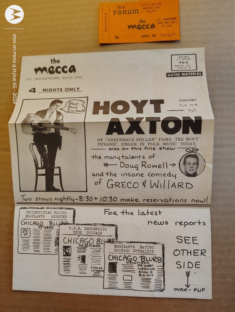 1960s concert flyer & ticket Hoyt Axton The Mecca Buena Park Norman Greenbaum