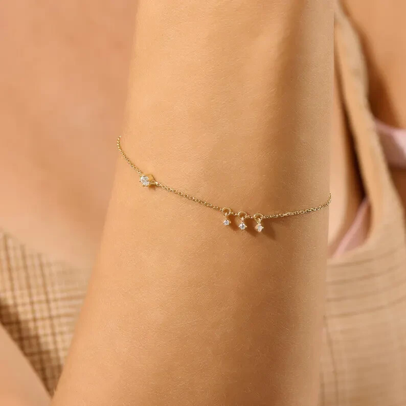 1 ct Round Simulated Diamond Pretty Dangle Chain Bracelet 14k Yellow Gold Plated