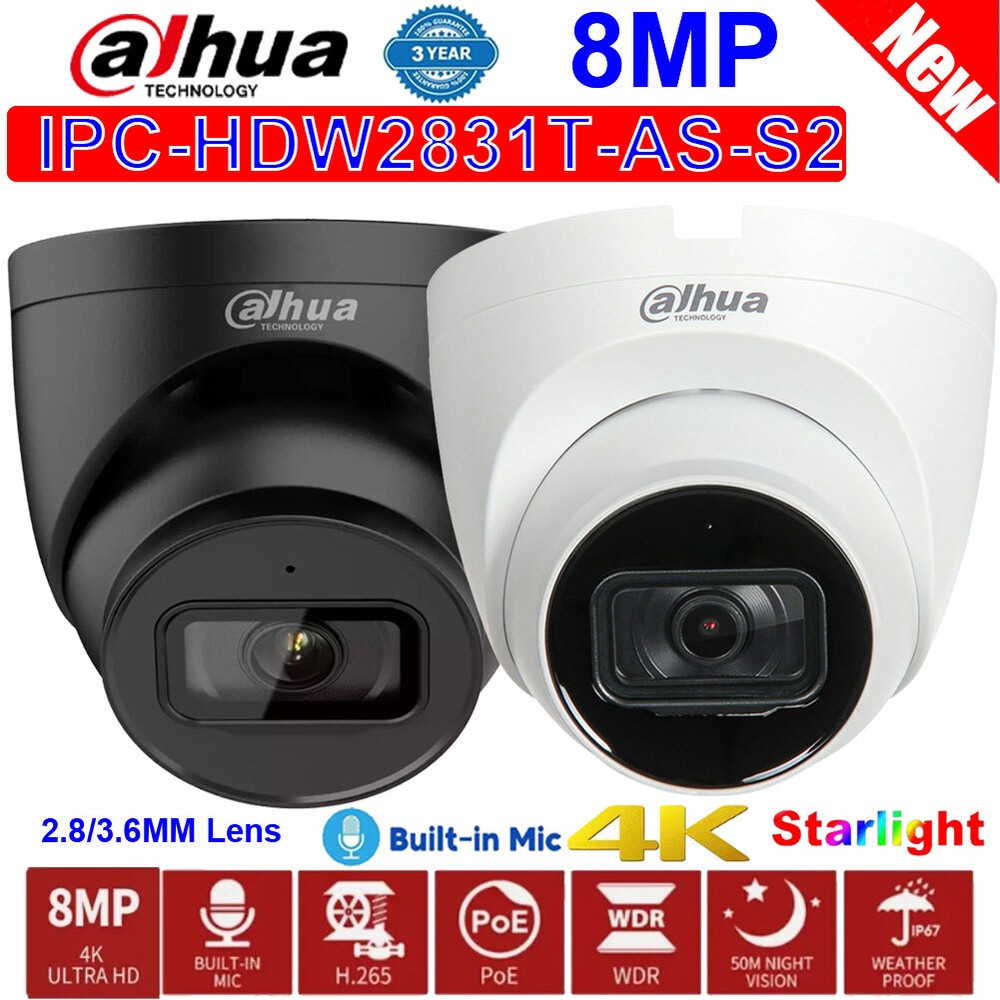 Dahua 8MP Starlight MIC IPC-HDW2831T-AS-S2 POE Turret IR30m IP Camera IVS IP67