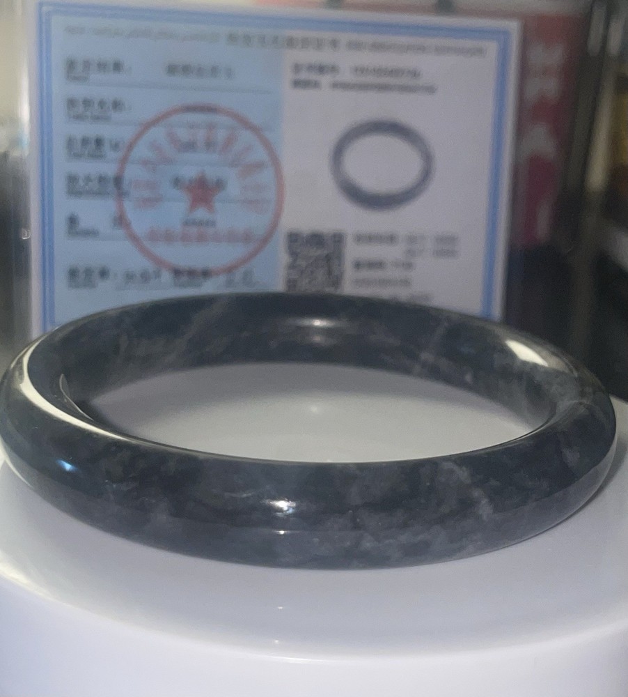 Natural Black White Jade Bangle 56mm Inner Diameter Certificate
