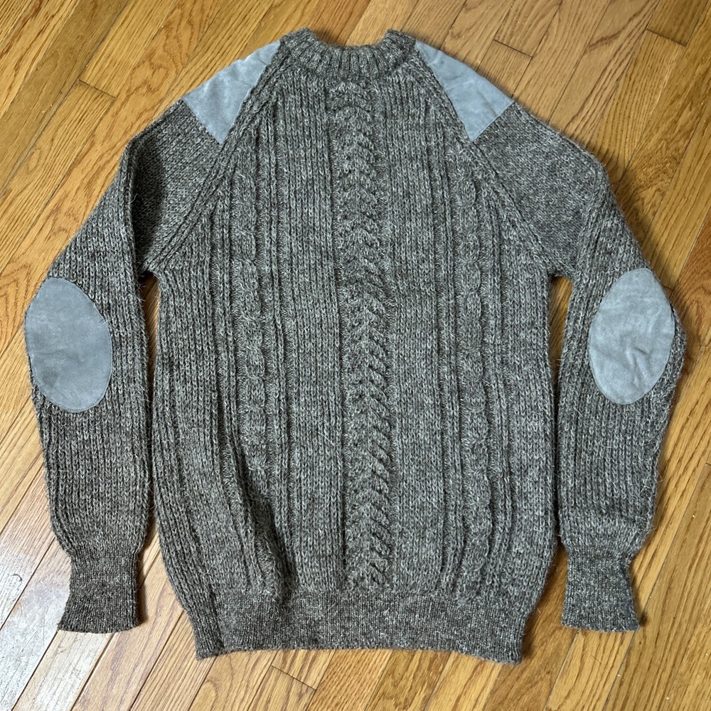 British Wool Suede Elbow Patch UK Made Cable Knit Sweater Mens LARGE Gray