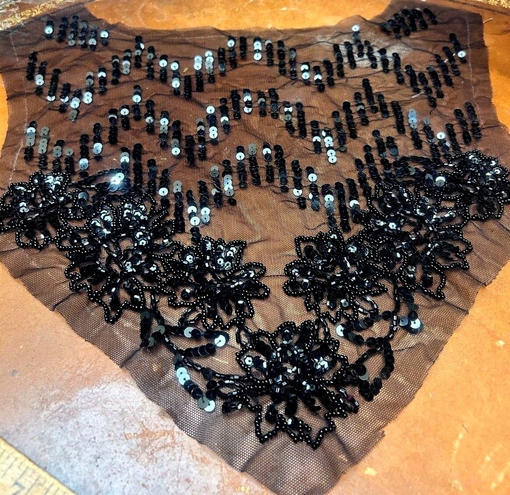 vintage panel beaded netting 1pc flowers hand sewn black Studio Clearance Sale-image