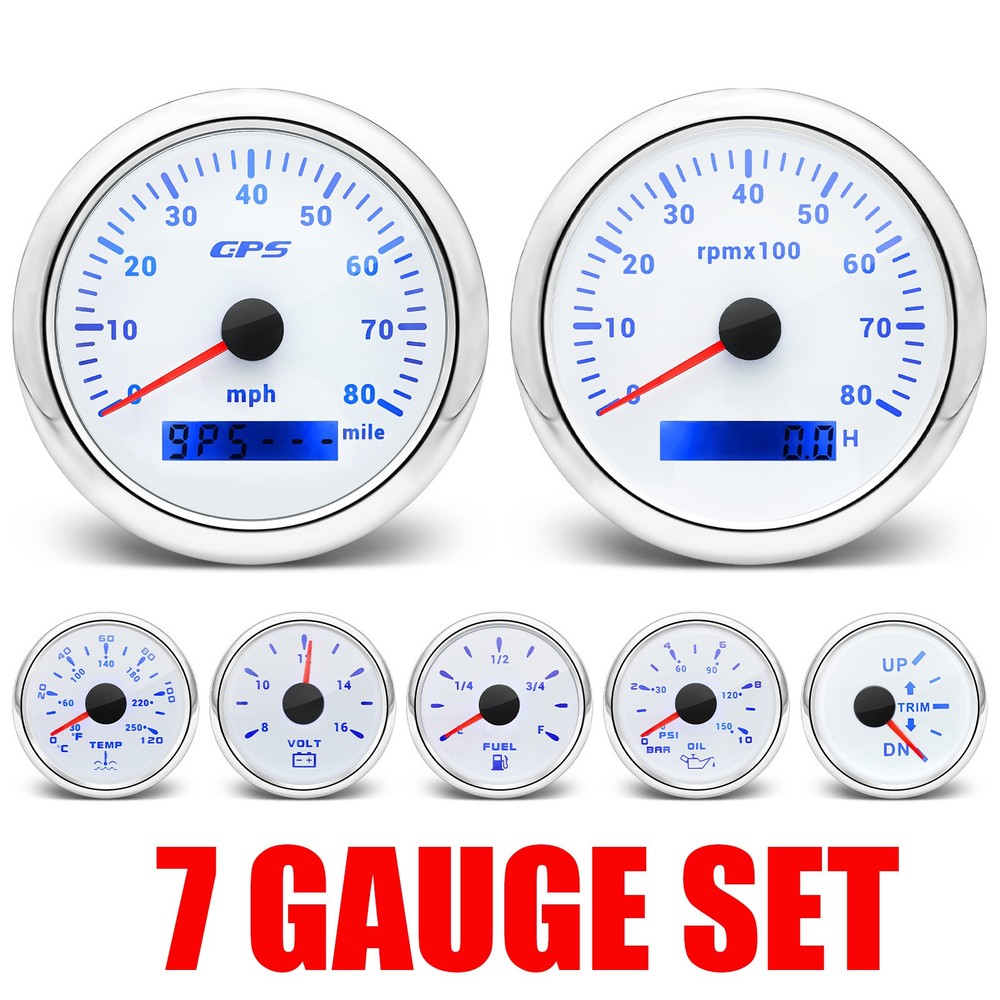 85mm 7-Gauge Set with Waterproof GPS Speedometer 0-80MPH for Boat Car Truck Marine