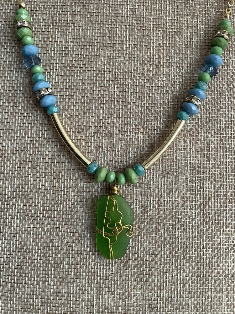 GENUINE Beach Tumbled Green SEA GLASS Beaded Necklace 17” OOAK Artisan Made