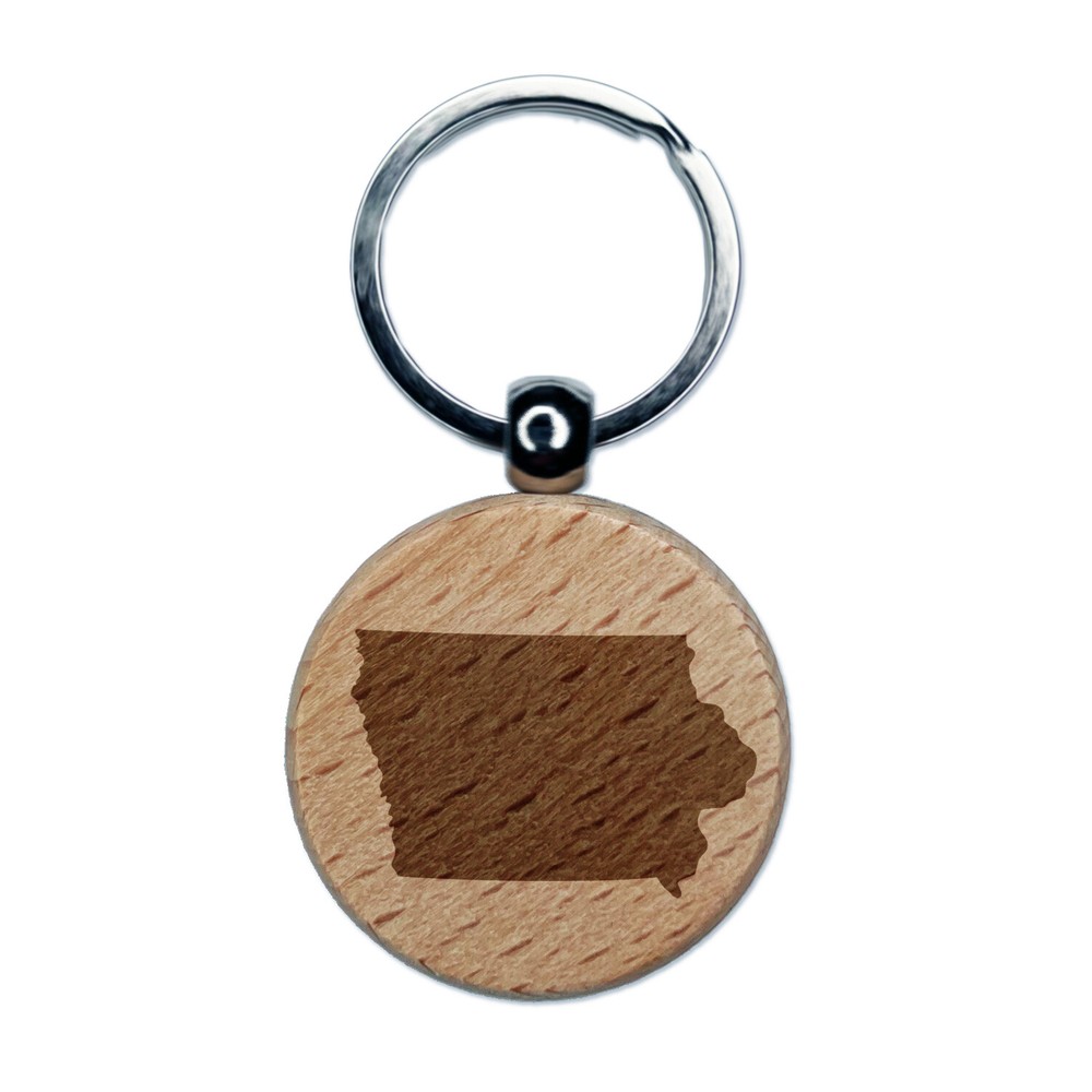 Iowa State Silhouette Engraved Wood Round Keychain Tag Charm