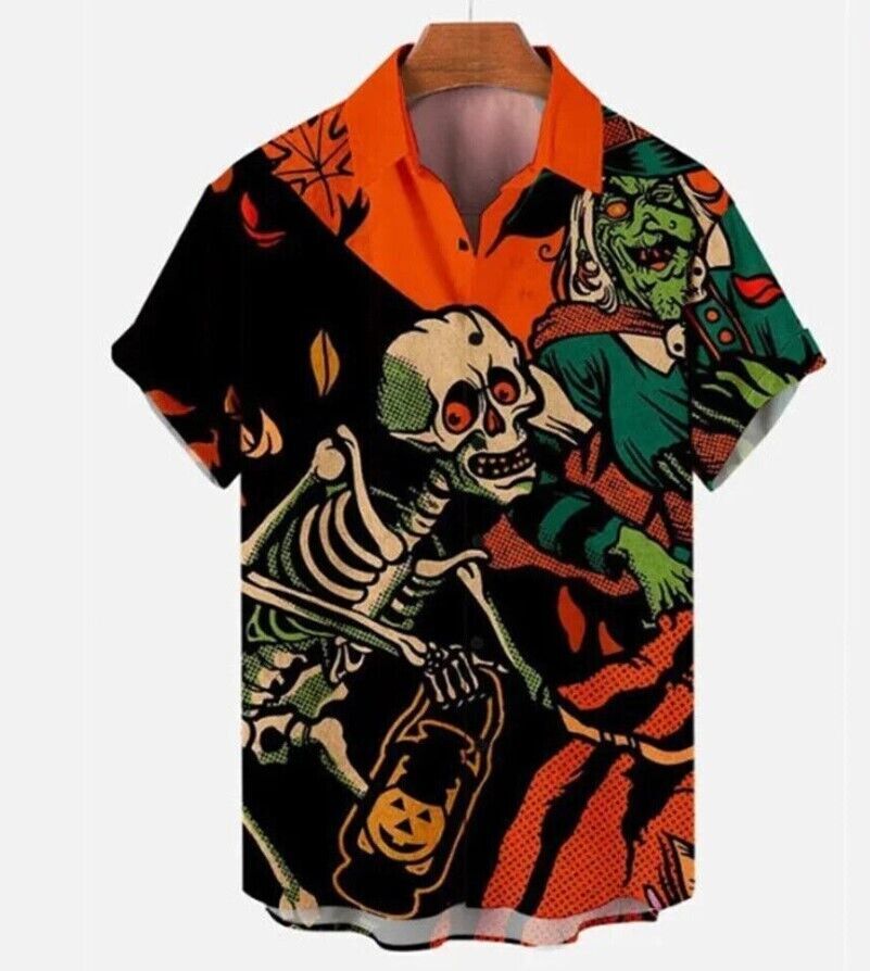 Halloween Creepy Pumpkin Skeleton 3D Print Hawaiian Buttoned Shirt Lapel Top