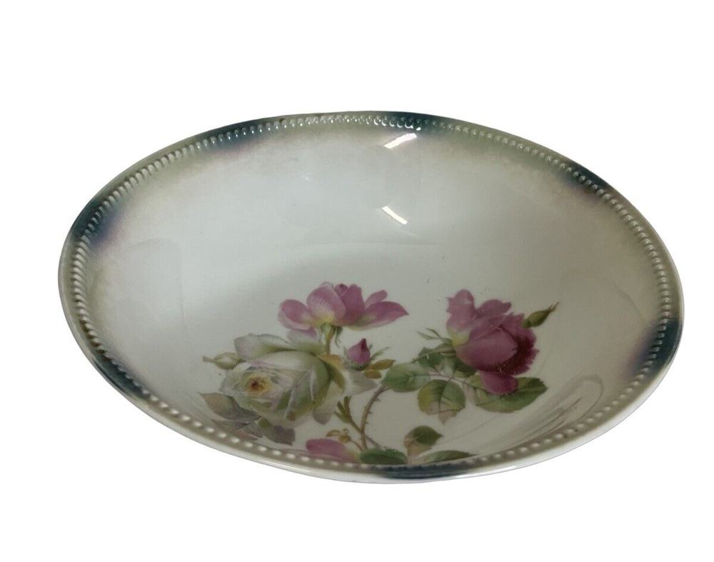 German Serving Bowl Hand Painted Vegetable  8 in diameter Pink Roses