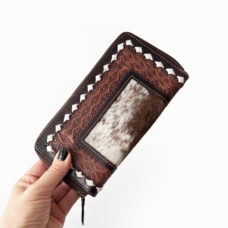 Western Cowhide Leather Wallet - Hand Tooled Boho Zip Around Clutch