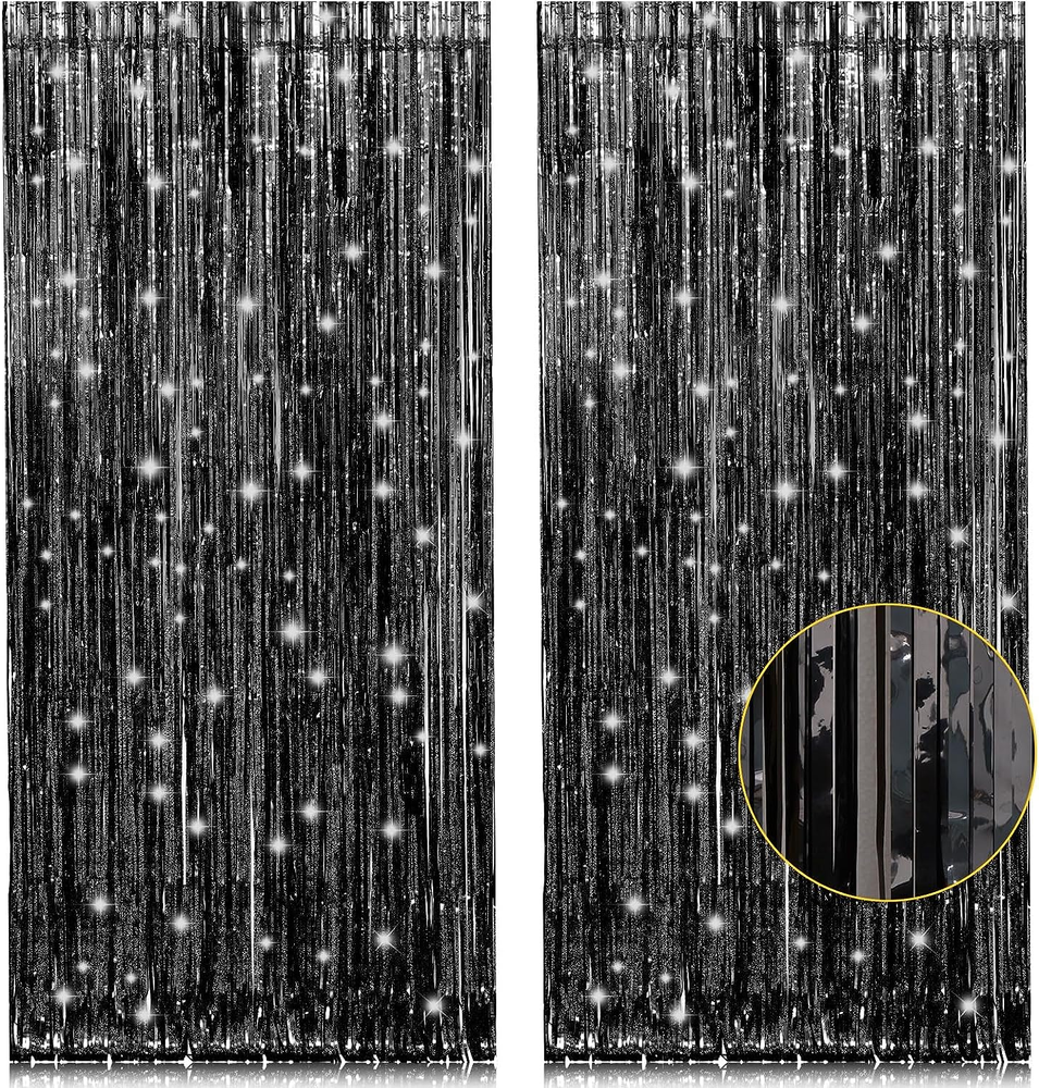 2 Pack 3.2ft x 8.2ft Black Tinsel Foil Fringe Curtains, Metallic Foil Tinsel Pho