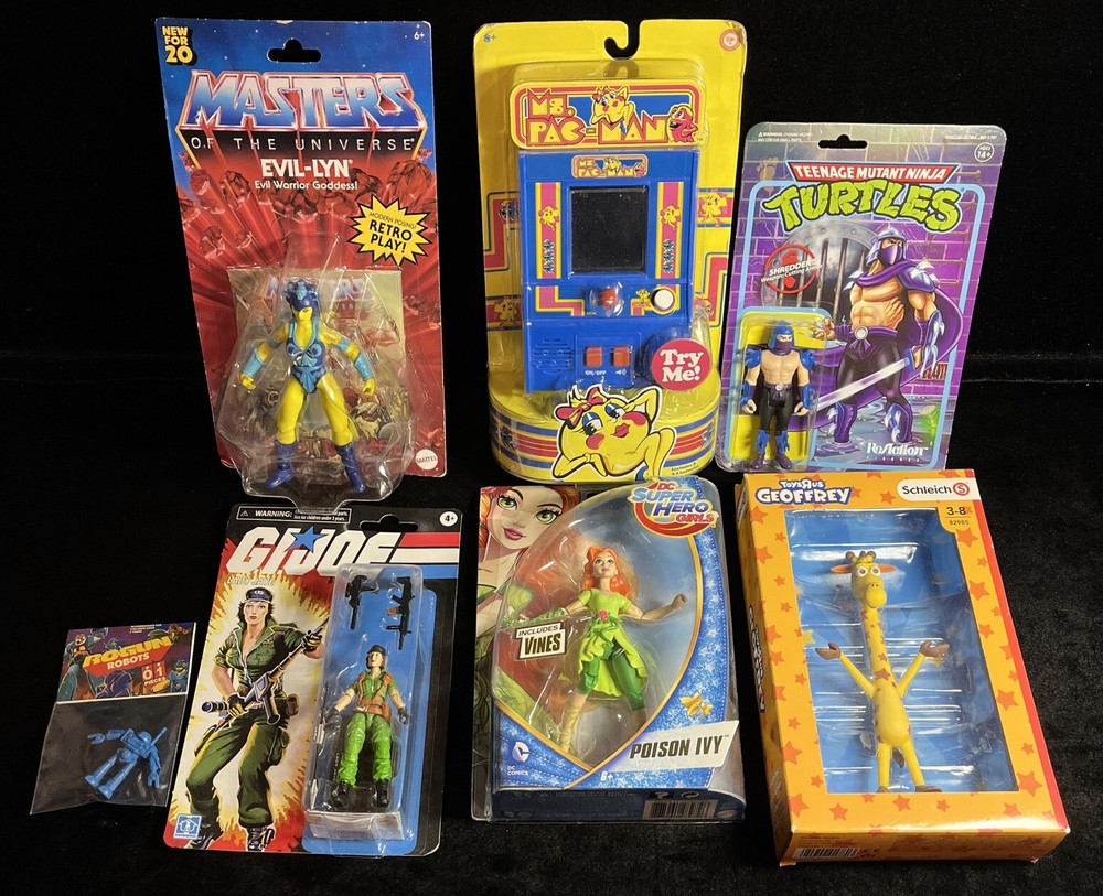 Vintage Lot Of 7 NIP Retro Toys. Gi Joe, Mrs PAC-man, Ro-gun Robots & More.