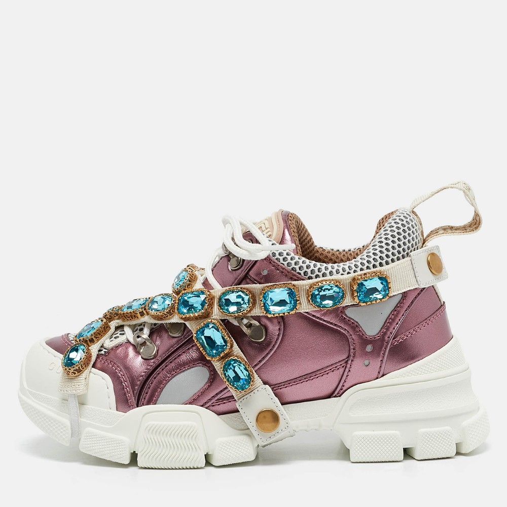 Gucci Flashtrek Sneakers in Metallic Pink Leather and Mesh Size 35