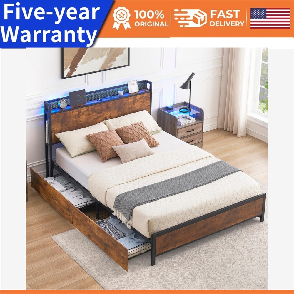 ⏯Queen Size Bed Frame with 4 Drawers Bed Frame with RGB Lights and Charging
