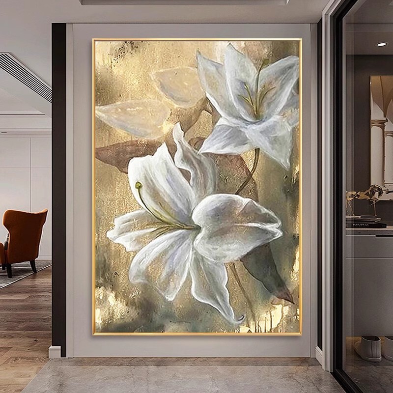 Hand drawn oil painting abstract gold lily entrance decoration painting 36in