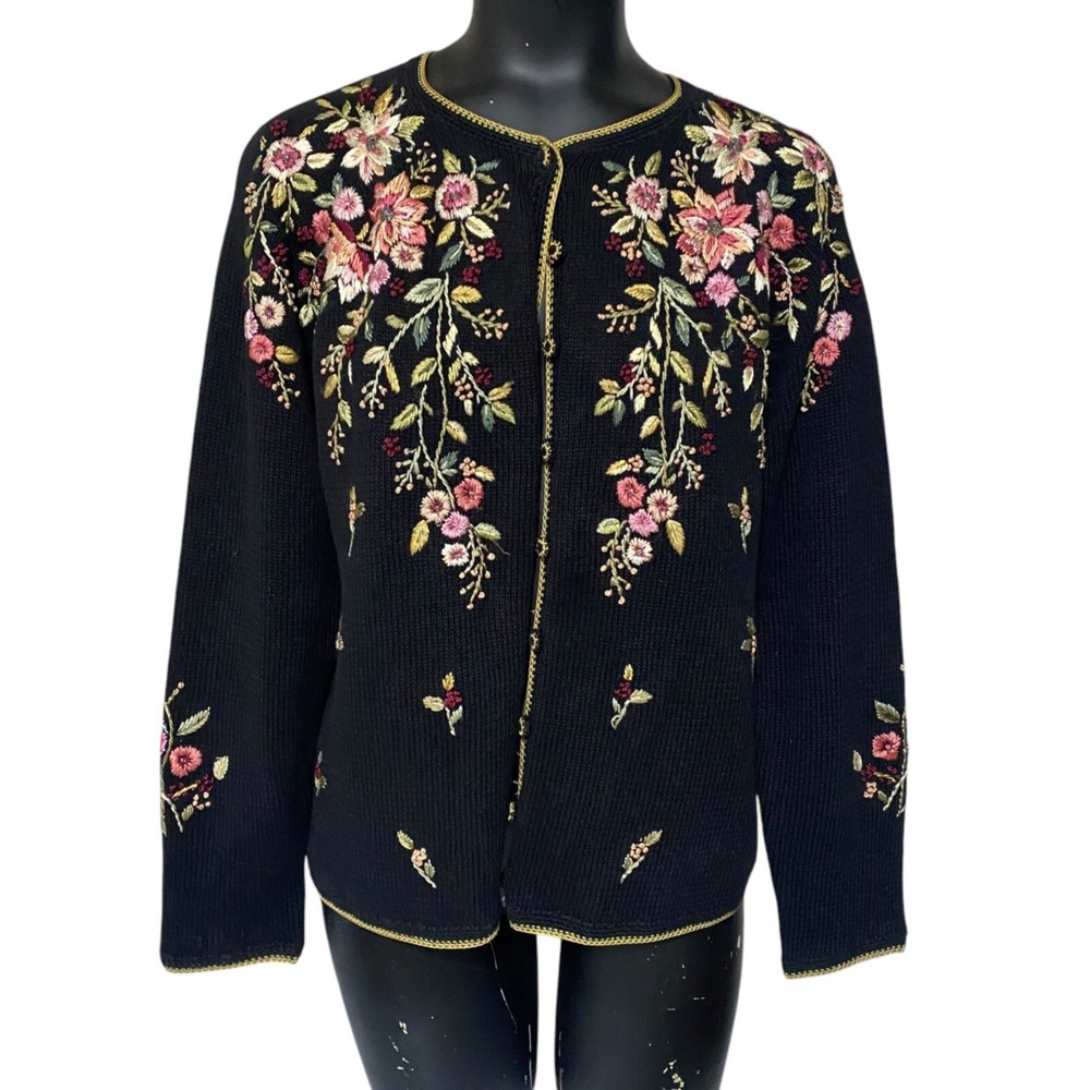 Vintage Heirloom Collectibles Embroidered Cotton-Blend Cardigan Sweater Size Med