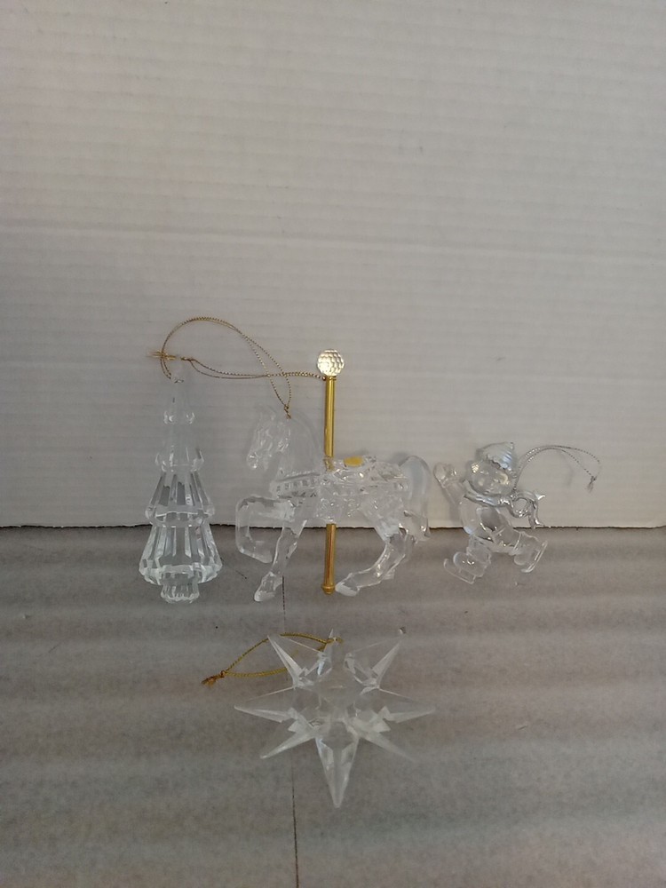 Set Of 4 Vintage Acrylic Ornament. Tree, Star, Carousel  Horse, Skating Snowman