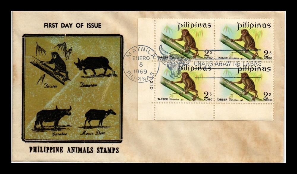 DR JIM STAMPS PHILIPPINES FIRST DAY COVER PLATE BLOCK TARSIER ANIMAL STAMP