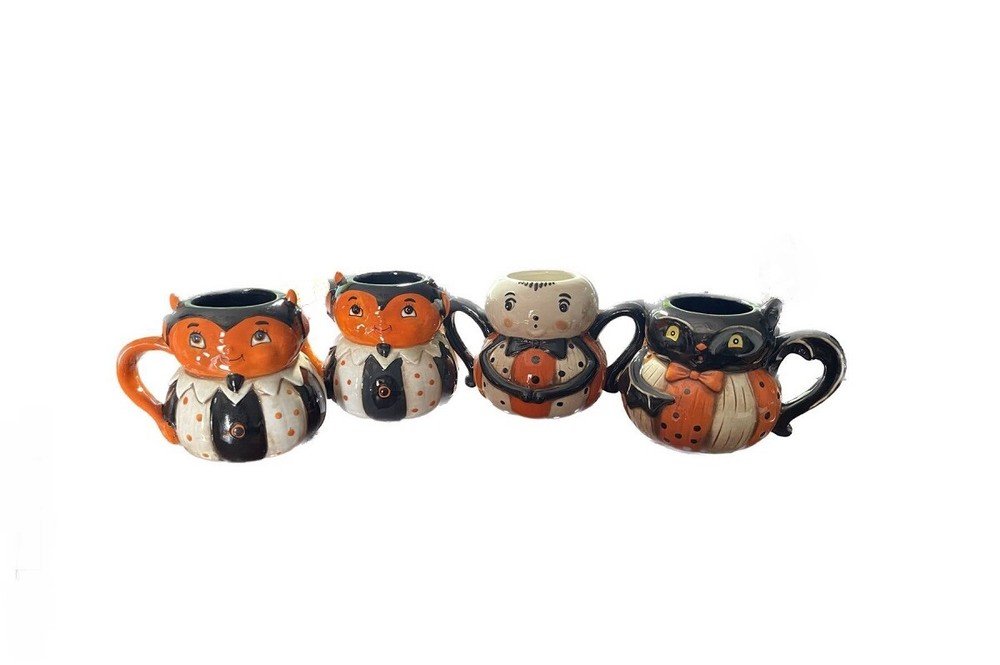 Scratch & Dent Pumpkin Peeps Ceramic Folk Art Halloween Mugs Set of 4