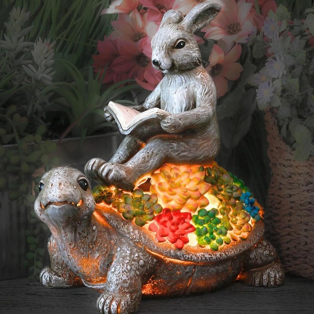 Solar-Powered Rabbit & Turtle Resin Garden Statue Outdoor Decor